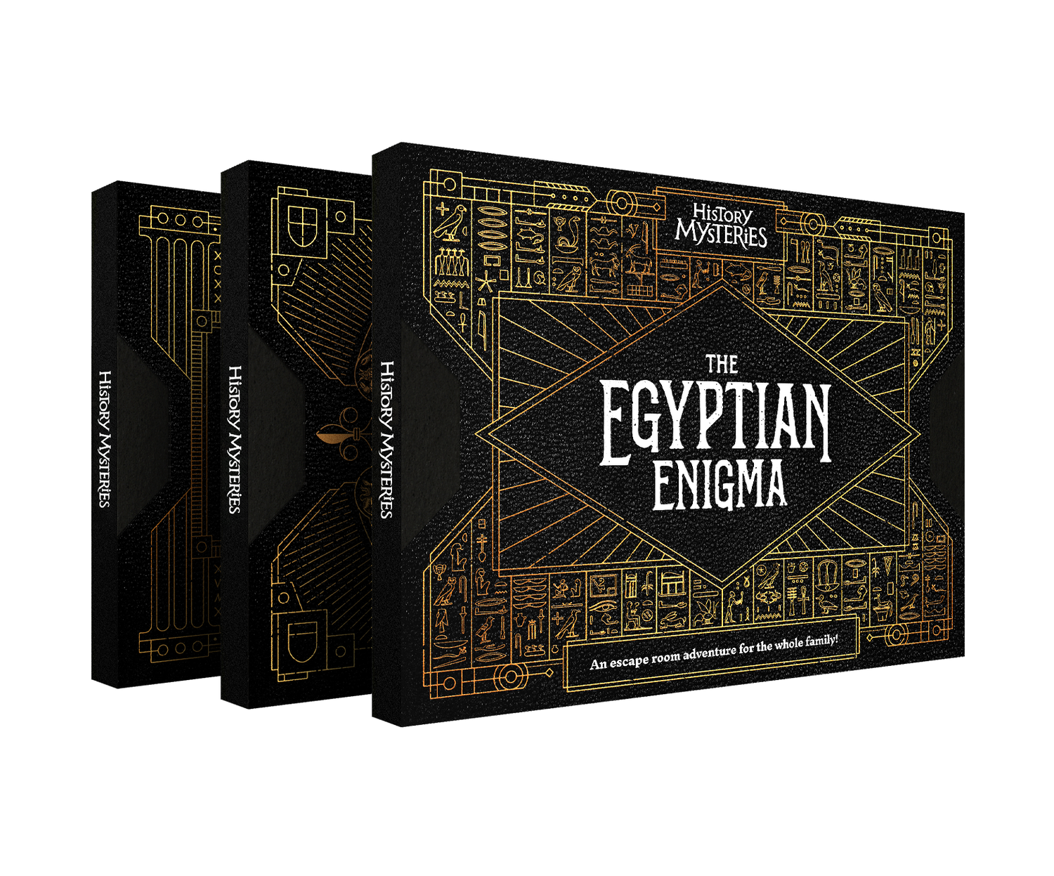 Three 'History Mysteries' boxes with black and gold design.