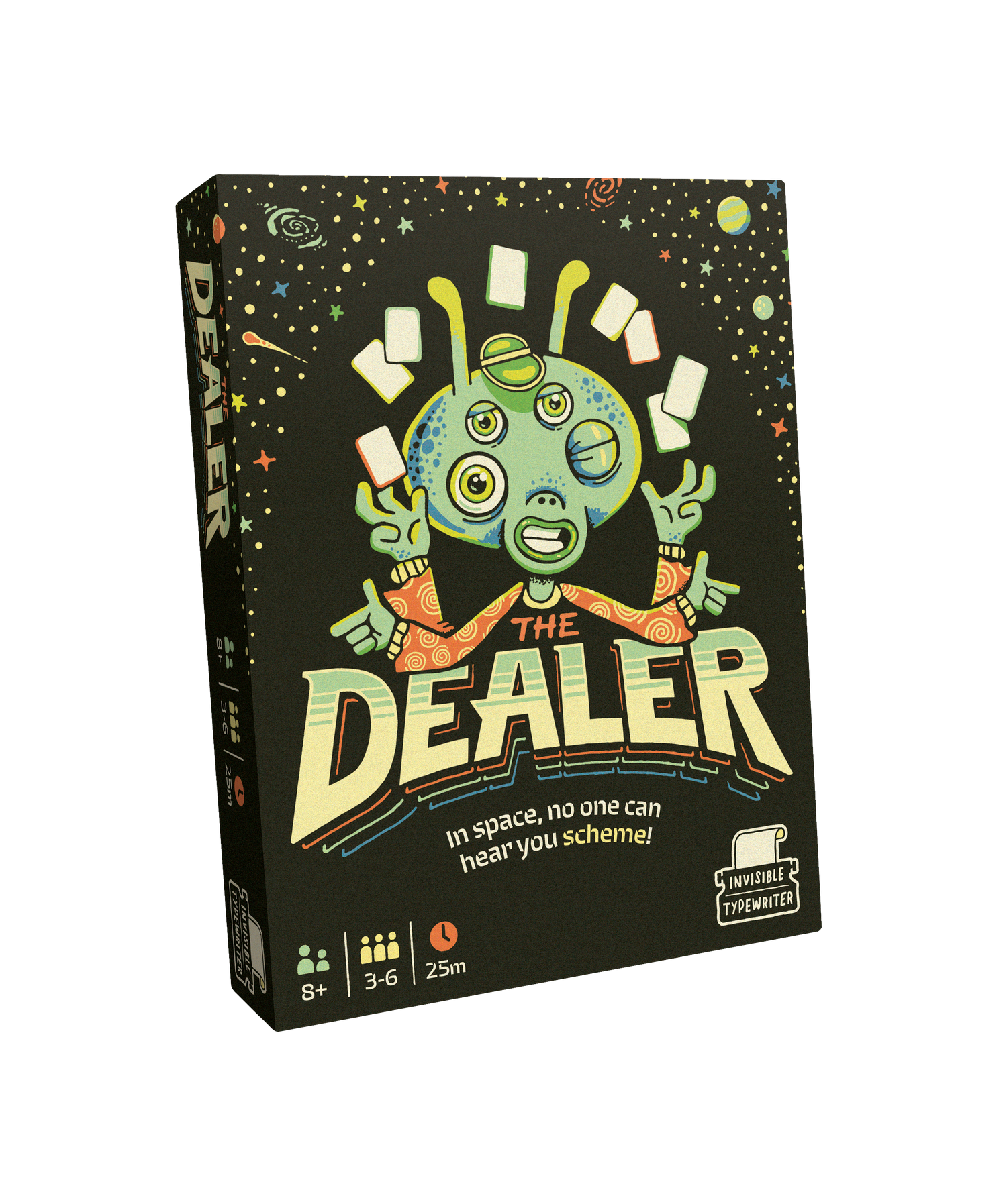 Board game box titled 'The Dealer' with an alien character on a black background