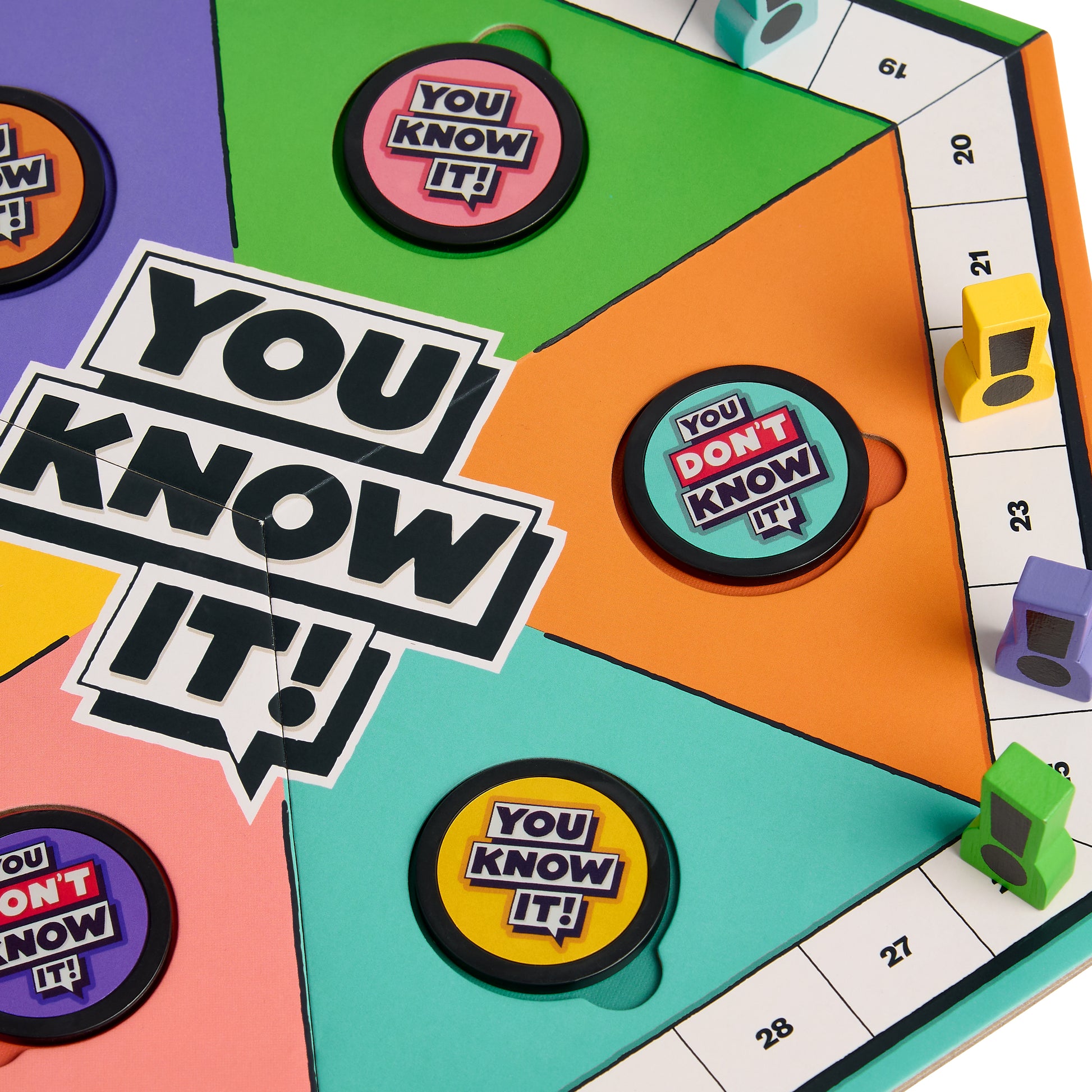 Board game pieces with 'You Know It!' and 'You Don't Know It!' text on a colorful board.