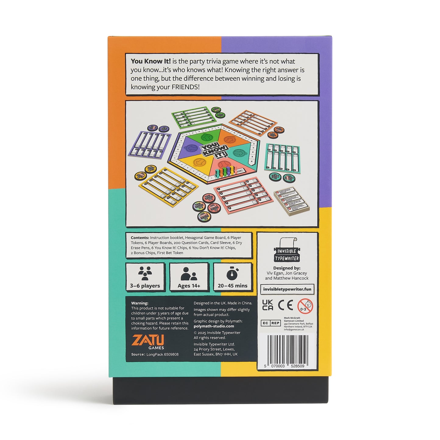 Back of a board game packaging with colorful design and text.