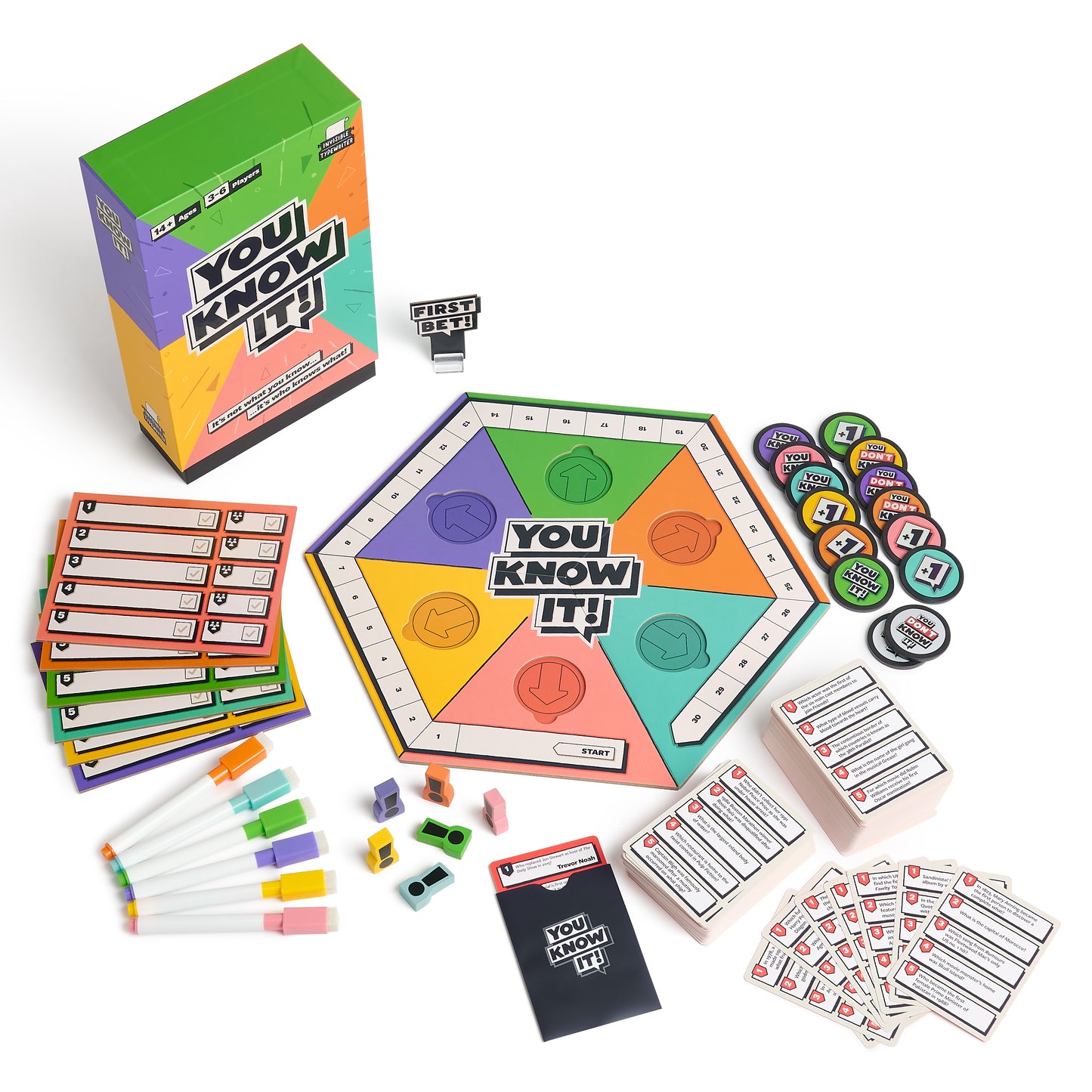 You Know It! board game components including board, cards, and markers on a white background