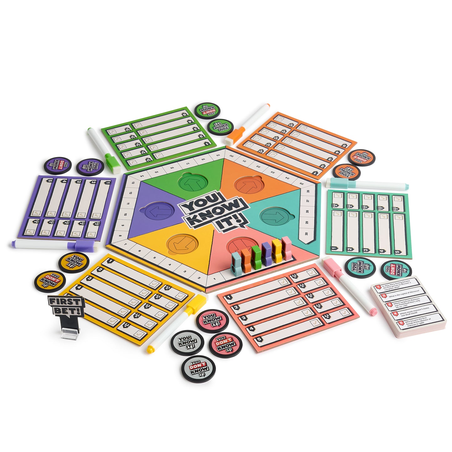 Colourful You Know It! game board with question cards and markers on a white background