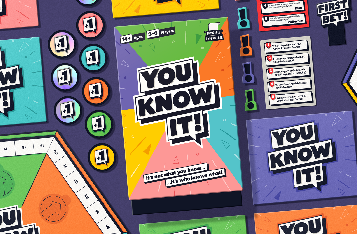 Board game box and components for 'You Know It!' with colorful design.